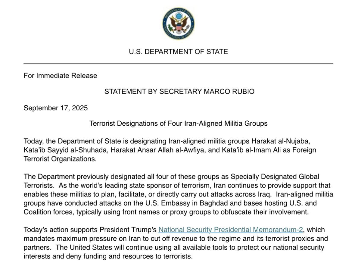 U.S. designates four Iranian-backed paramilitary groups as terrorist organizations
