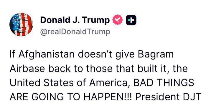 Trump threatens Afghanistan with 'BAD THINGS' over Bagram Airbase