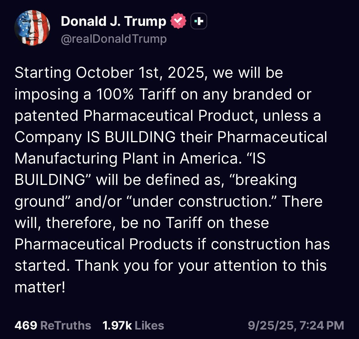 Trump announces 100% tariff on pharmaceuticals not made in America