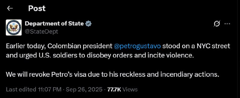 US revokes visa of Colombian President Gustavo Petro after incitement