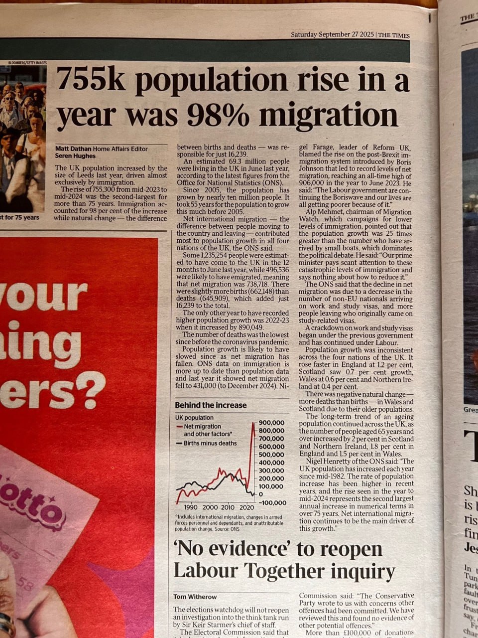 UK population grew by 755k from June 2023 to June 2024, 98% migrants