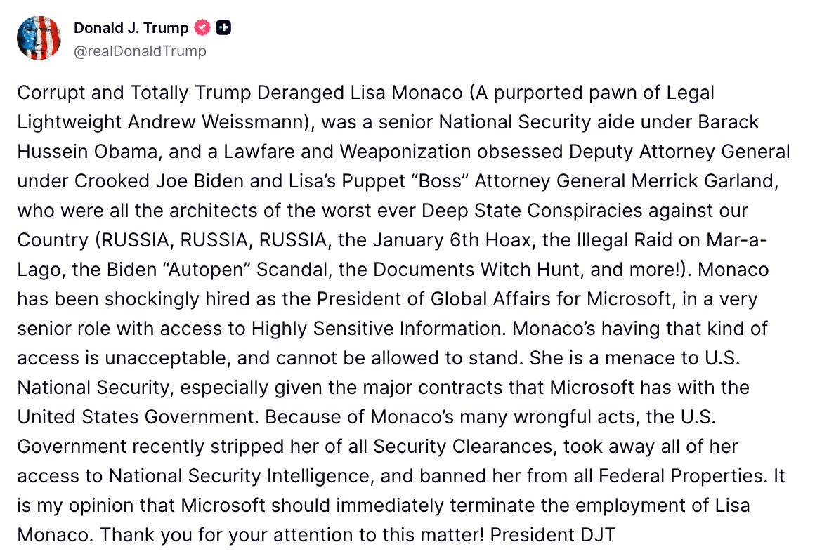 Trump criticizes Microsoft’s Lisa Monaco, calls for her firing