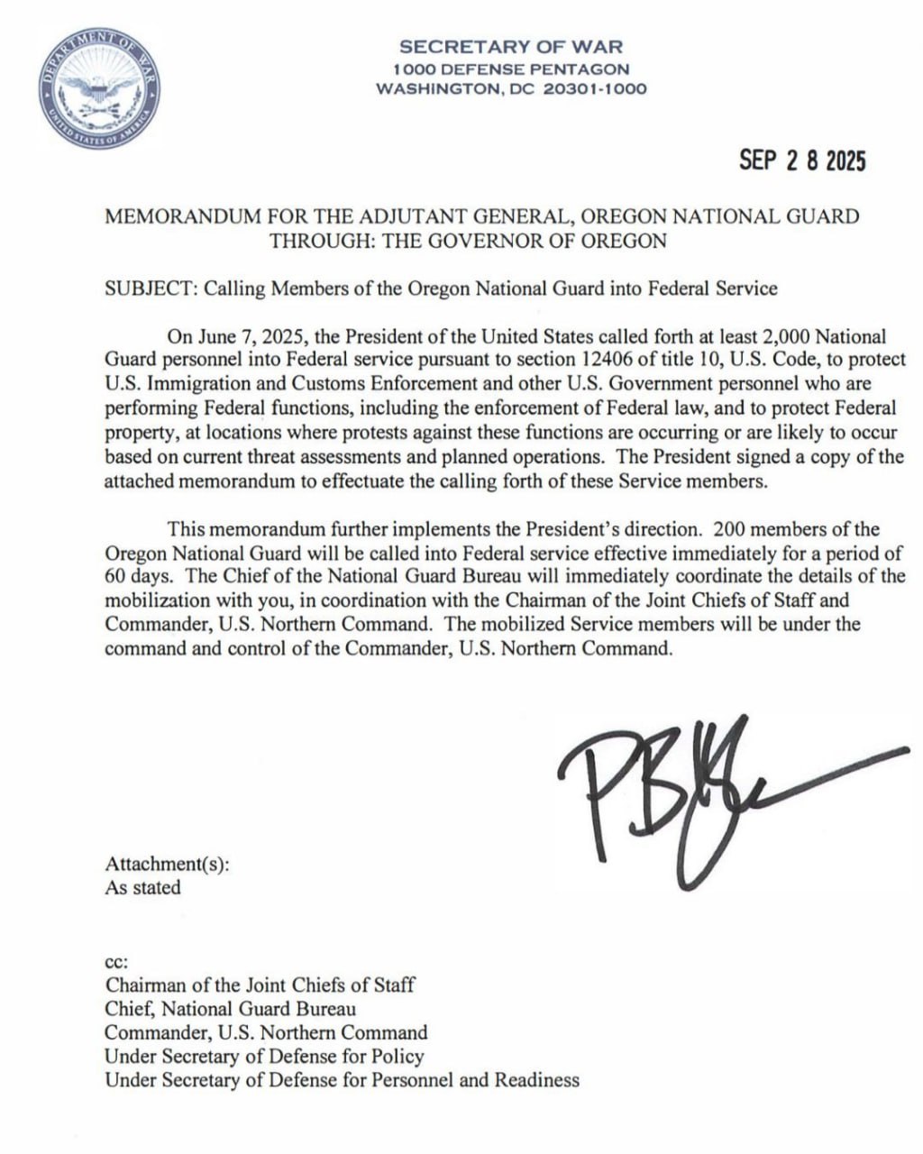 Secretary of Defense calls up 200 Oregon Guardsmen for Federal Service