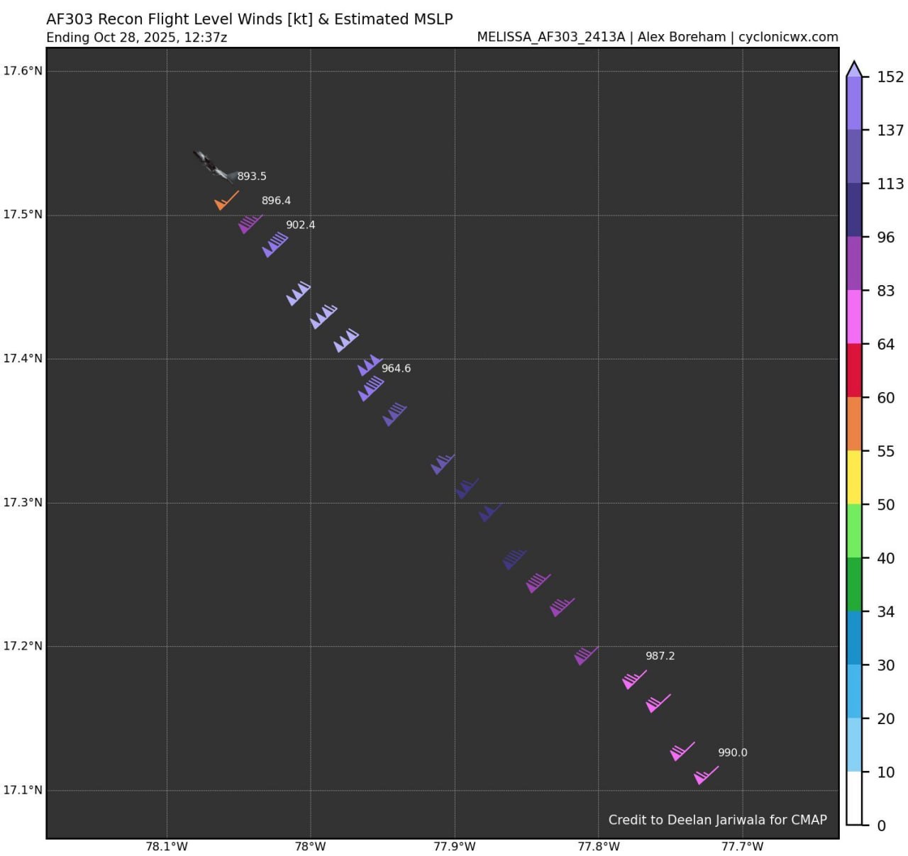 Hurricane Hunters find 893mb pressure in eye of Hurricane Melissa