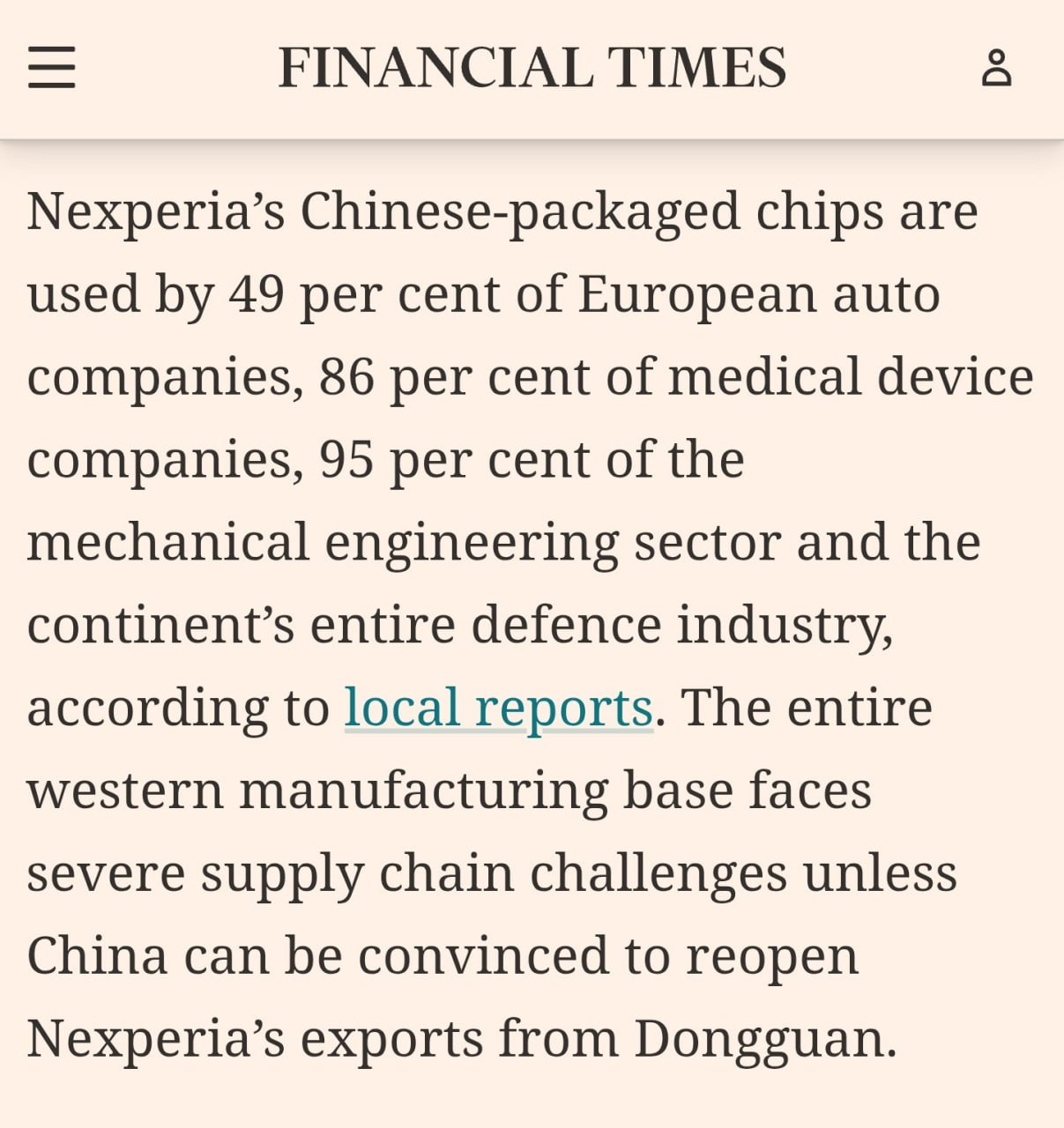 Half of Europe's auto companies and 95% of mechanical engineering use Nexperia chips