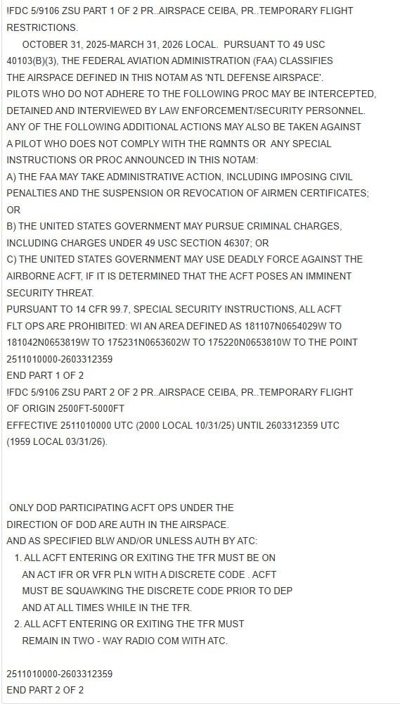 United States issues NOTAM for Puerto Rico airbases from October 31, 2025 to March 31, 2026