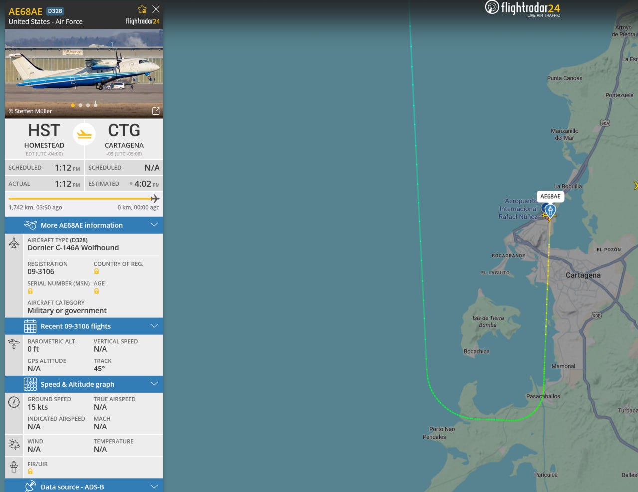 Dornier C-146A Wolfhound lands in Cartagena, Colombia, turns off transponder