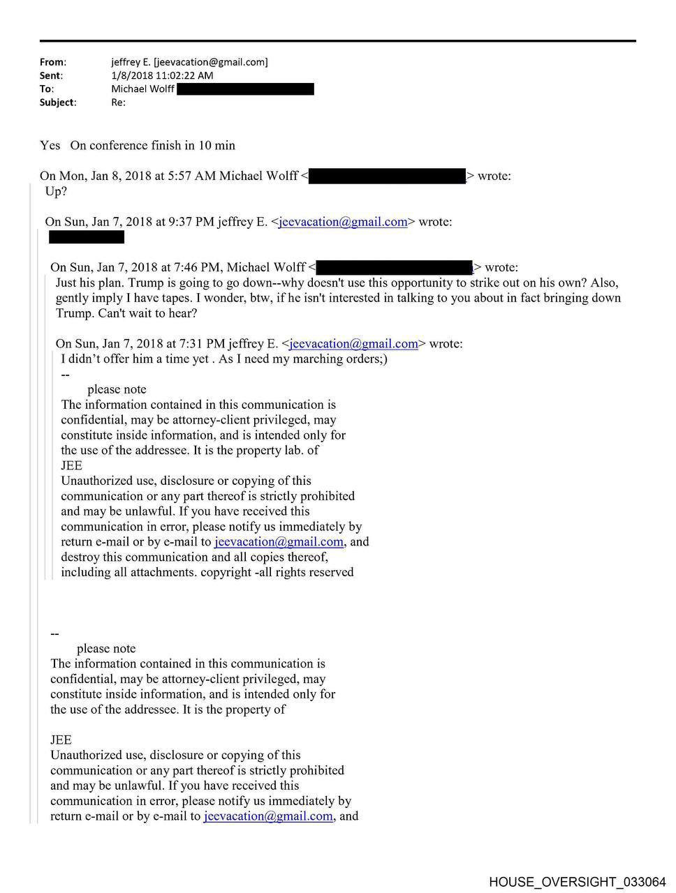 Michael Wolff admits to Jeffrey Epstein he has tapes of Donald Trump