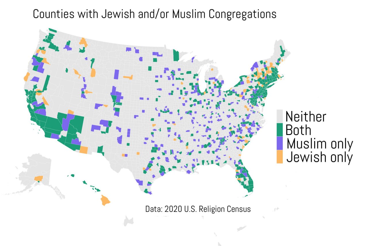 51% of U.S. counties with synagogues also have mosques