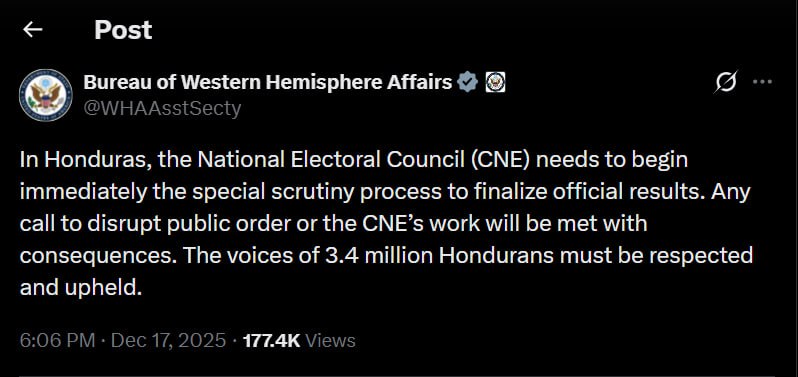 US State Department urges Honduras to finalize electoral results immediately