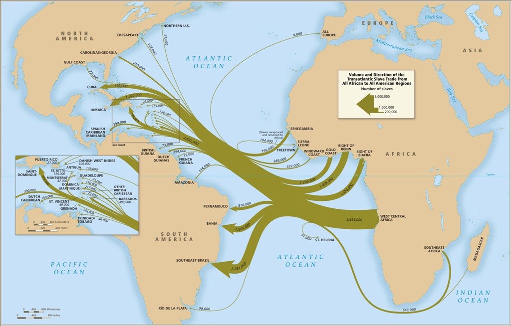 Map illustrates volume and direction of trans-Atlantic slave trade