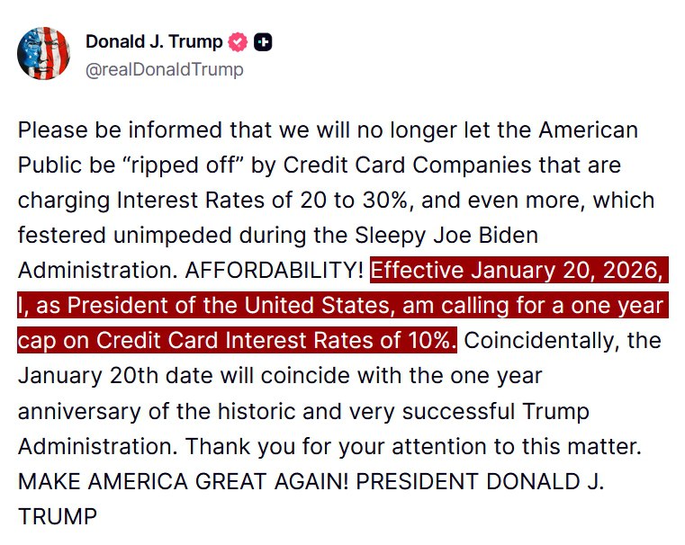 Trump proposes 10% cap on credit card usury starting January 20, 2026