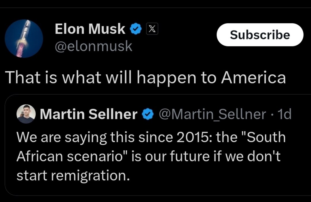 Elon Musk warns of 'South African scenario' for America if no remigration
