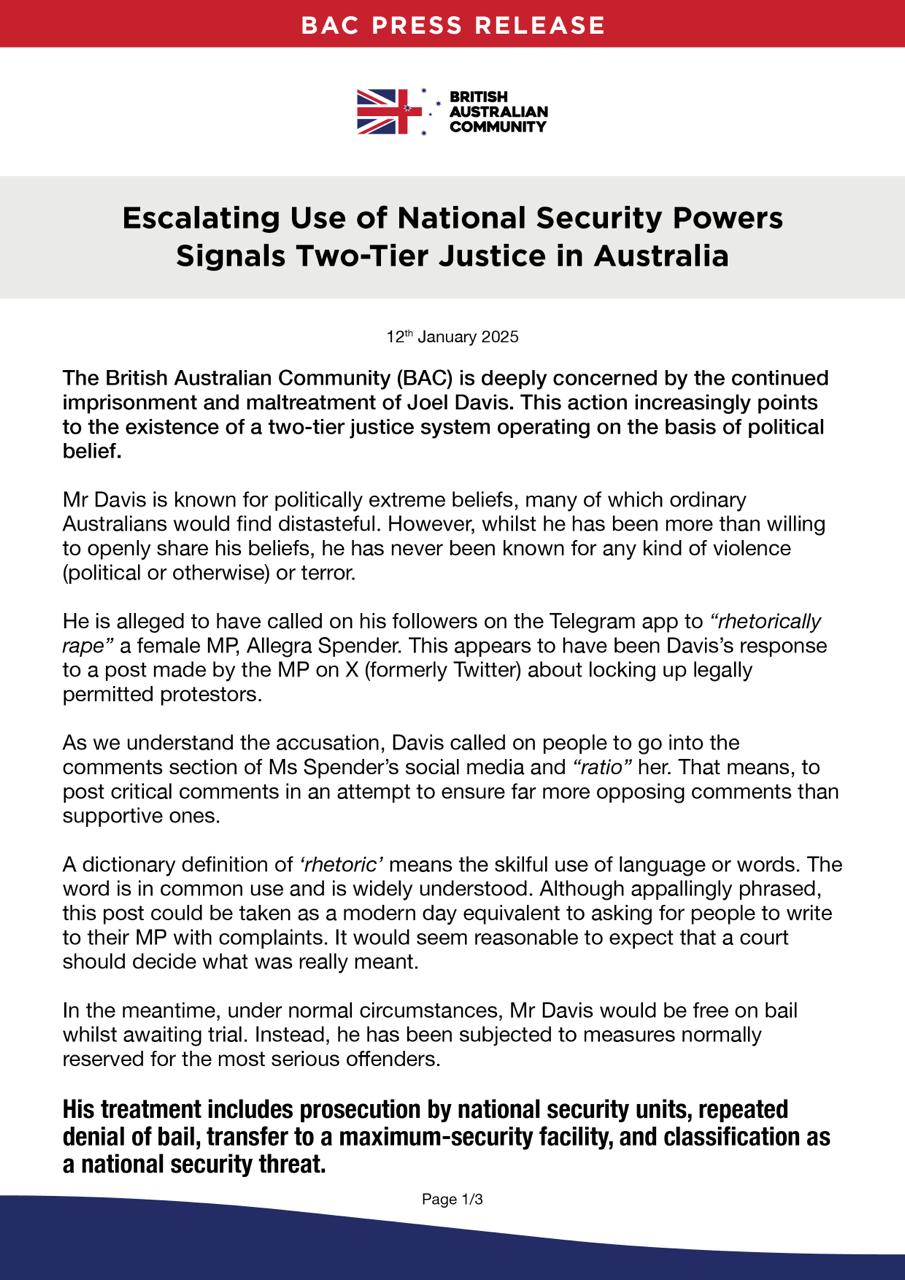 British Australian Community raises concerns over Joel Davis' treatment