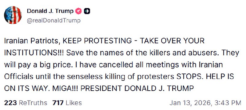 Trump cancels meetings with Iranian officials over protester killings