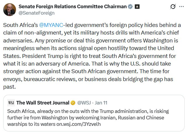 Senate Foreign Relations Chairman Risch calls South Africa an adversary