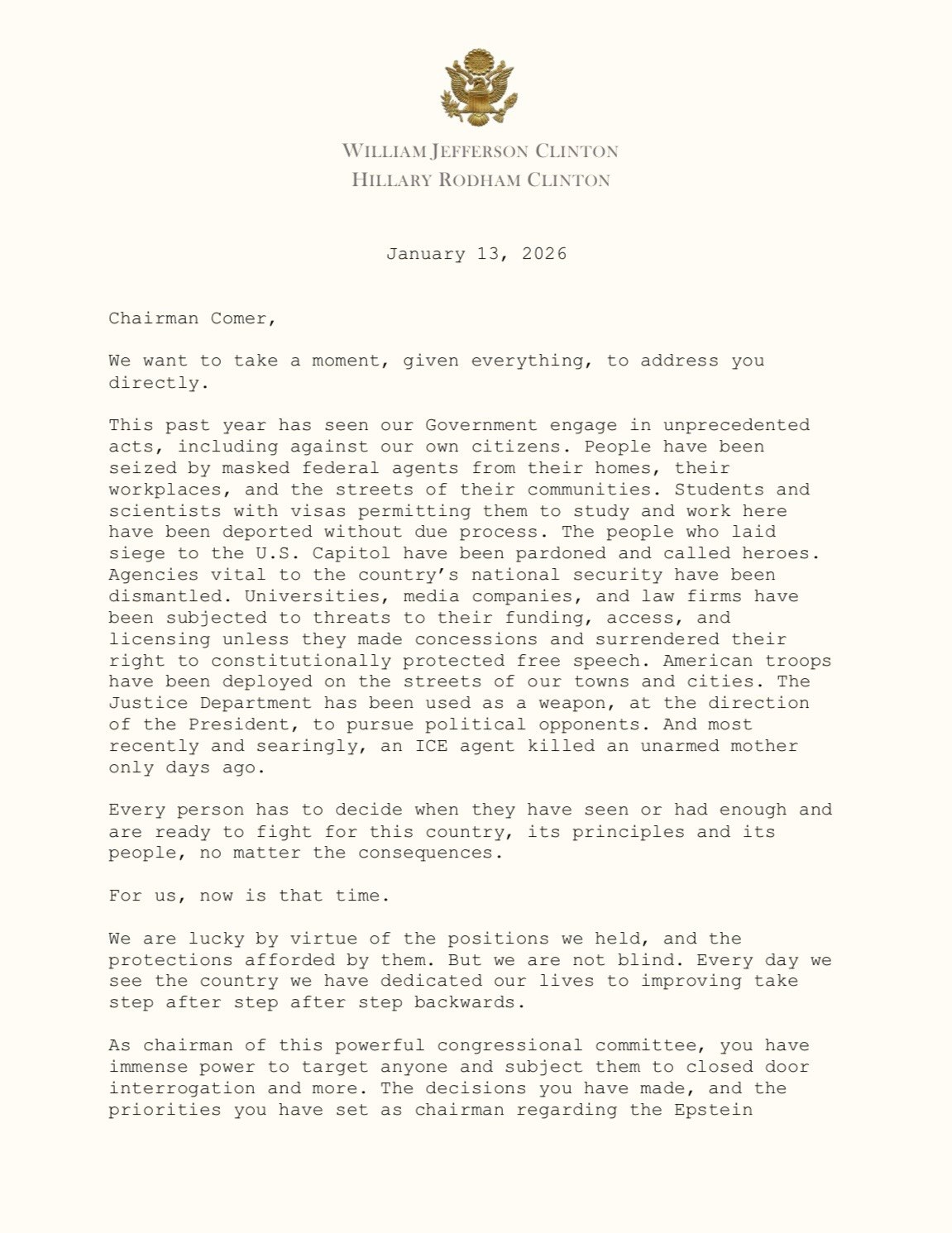 Bill Clinton criticizes Chairman Comer for halting Congress