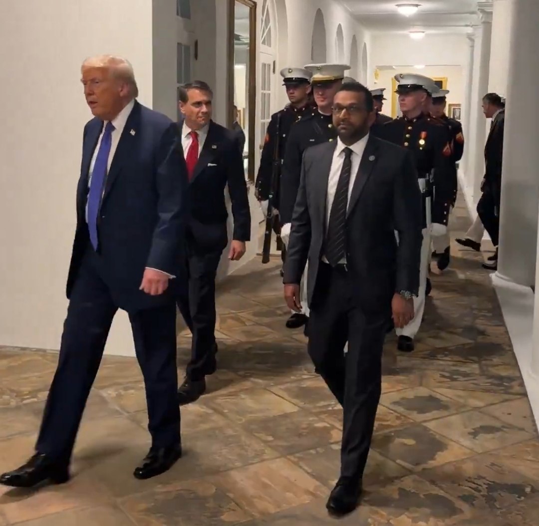 President Trump seen with FBI Director Kash Patel and Marine Corps Silent Drill Platoon