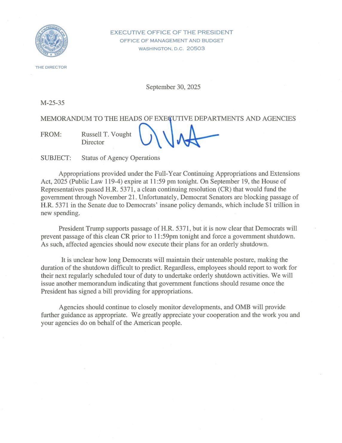 Office of Management and Budget directs federal agencies to implement shutdown plans