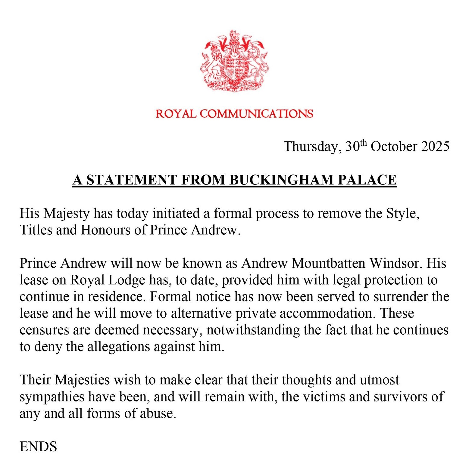 Prince Andrew stripped of royal titles and removed from Windsor mansion