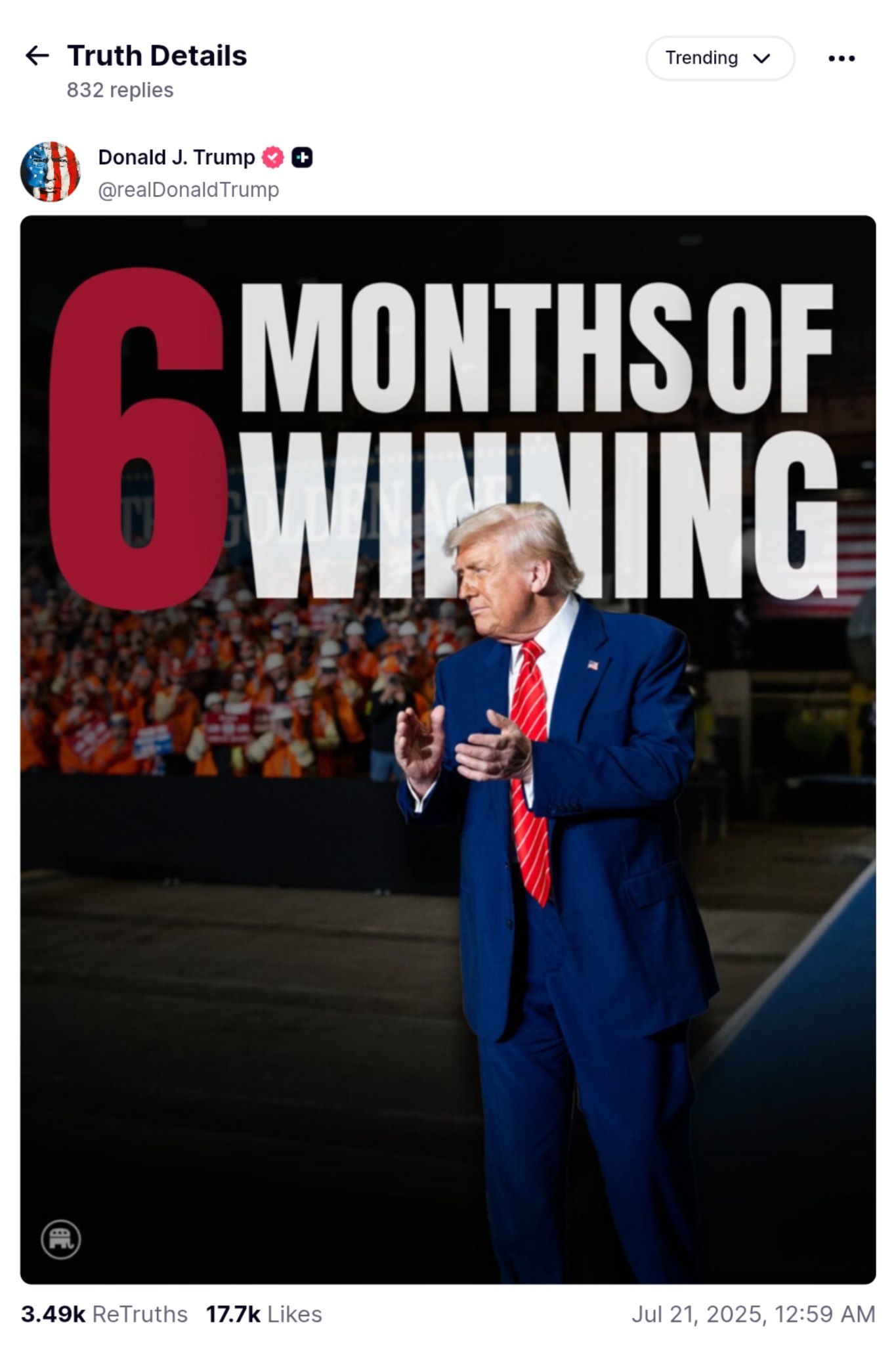 Trump claims "6 Months of Winning" on Truth Social platform
