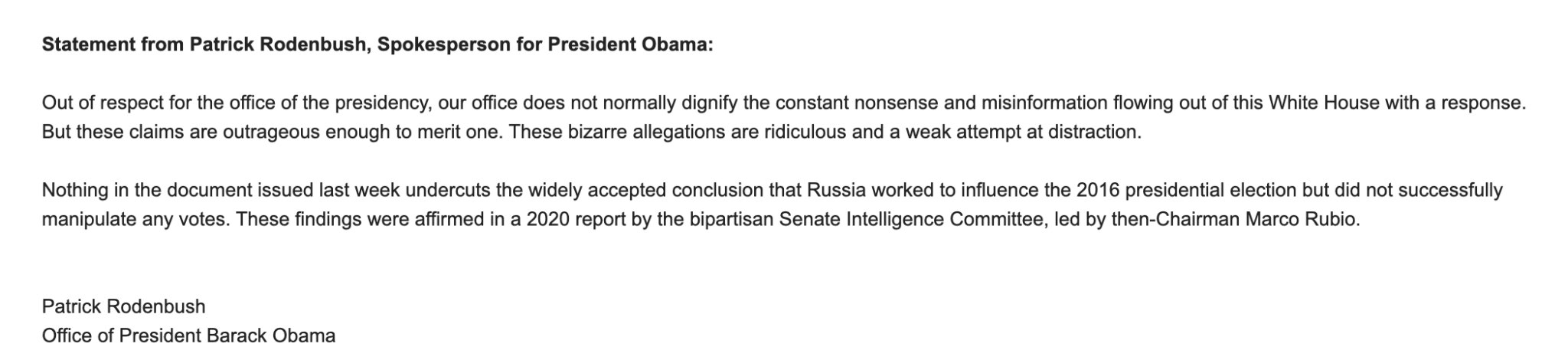 Obama's Office Slams Trump Administration's 'Outrageous' Claims on Russia Election Interference