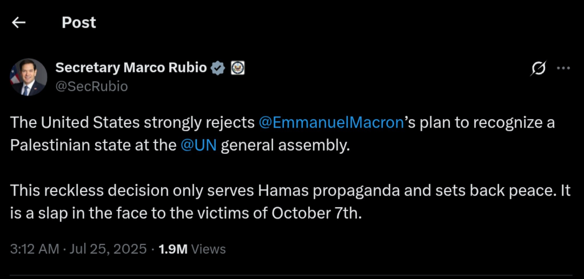 US Rejects Macron's Palestinian State Proposal, Calls it Harmful to Peace Efforts