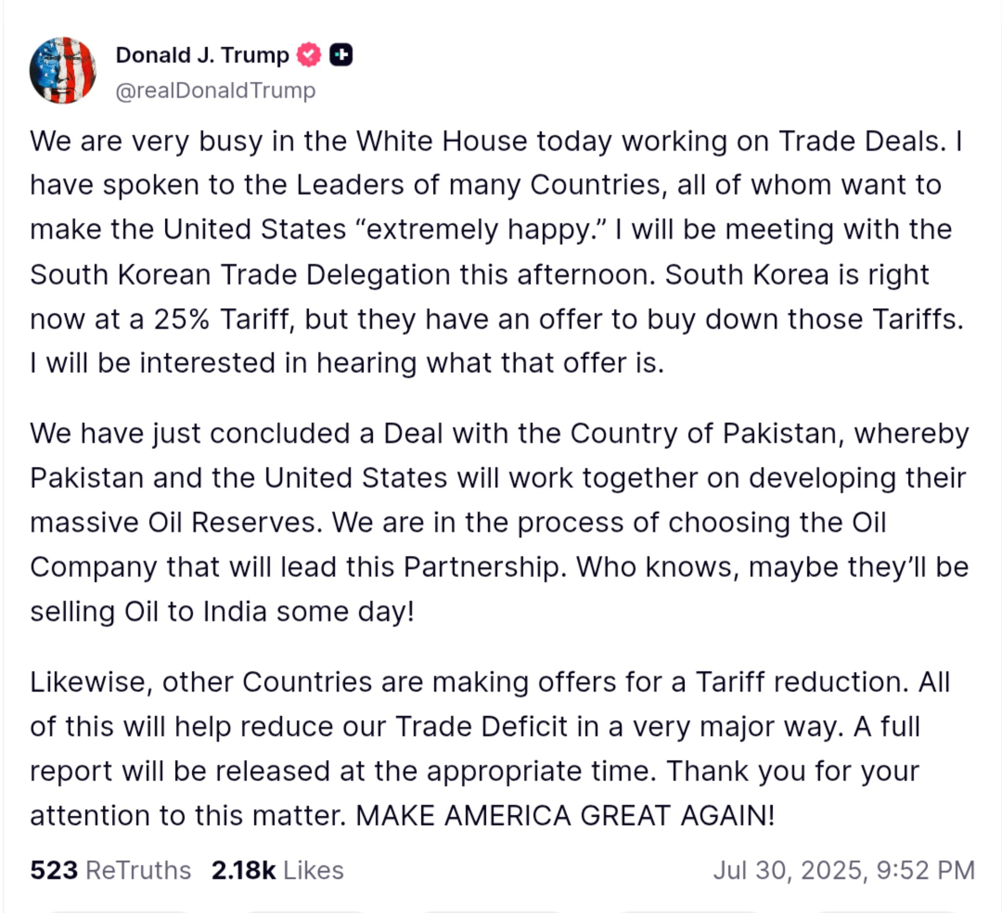 Trump Secures Landmark Oil Deal with Pakistan, Eyes Future Sales to India