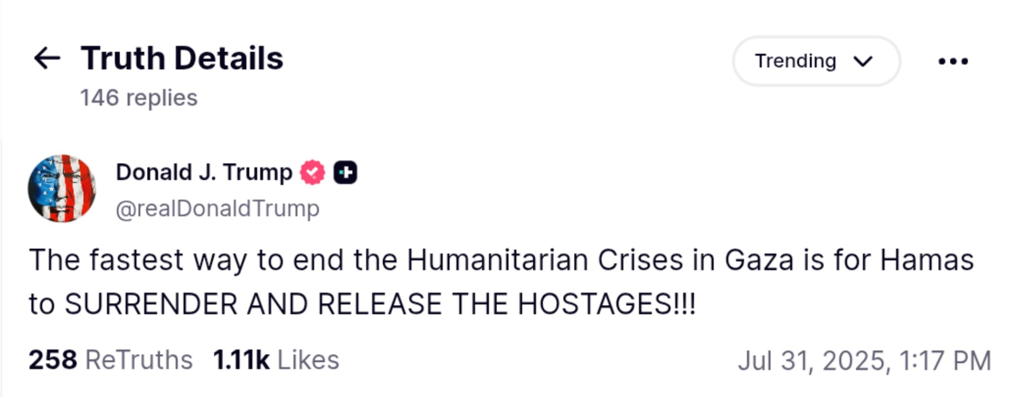 Trump Urges Hamas to Surrender to End Gaza Humanitarian Crisis and Free Hostages