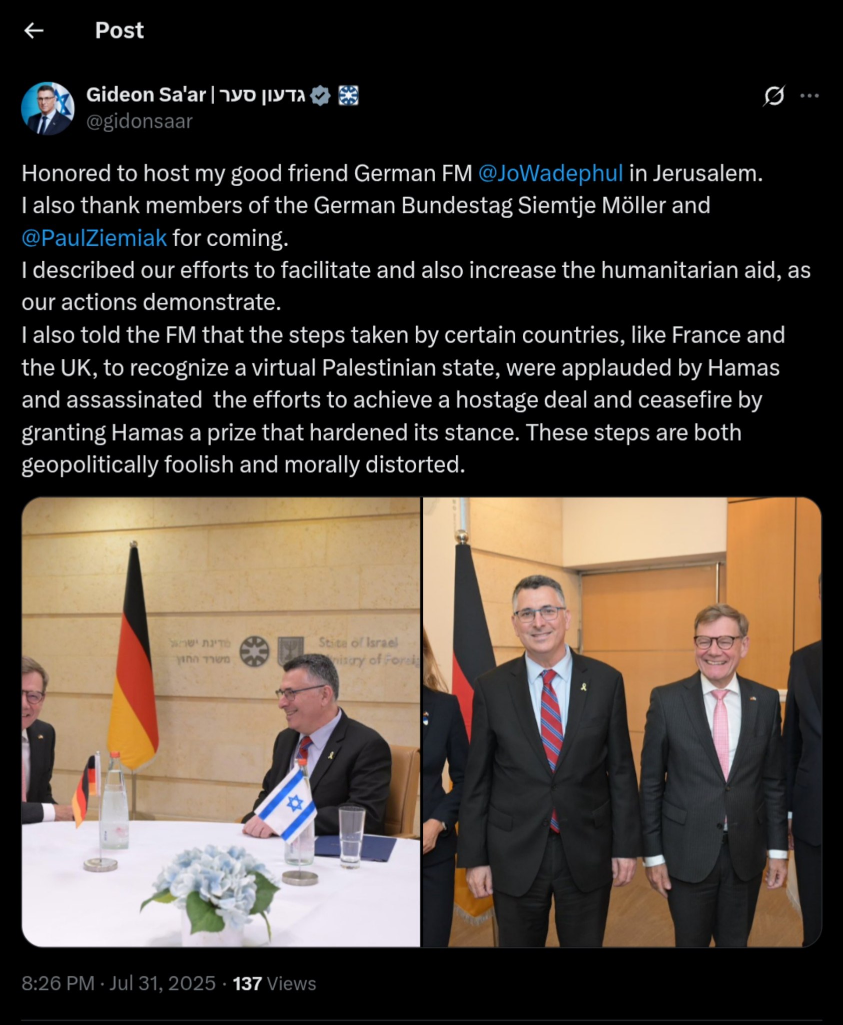 Israeli FM Sa'ar Urges Global Unity Against Palestinian State Recognition Amid Humanitarian Aid Efforts