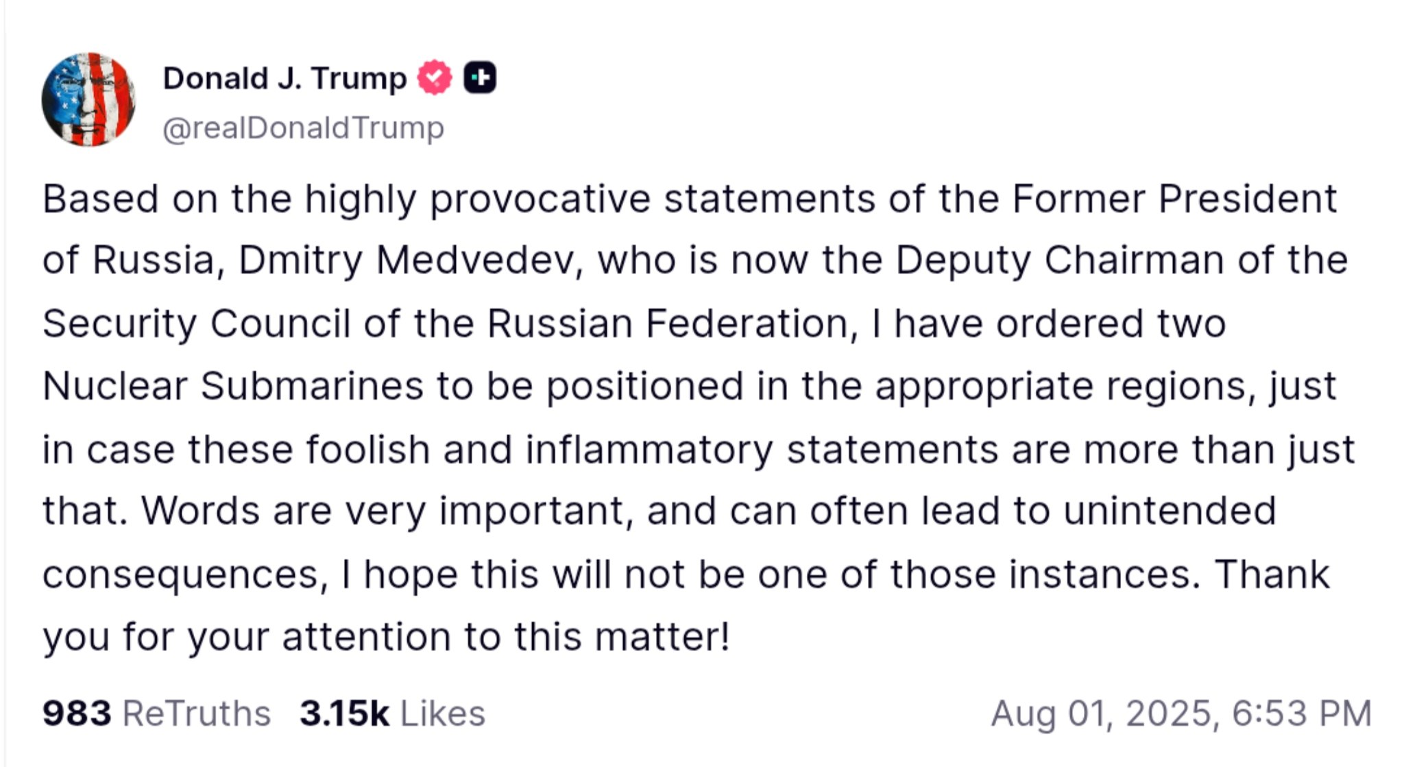 Trump Deploys Two Nuclear Submarines Near Russia Following Medvedev's Provocative Remarks