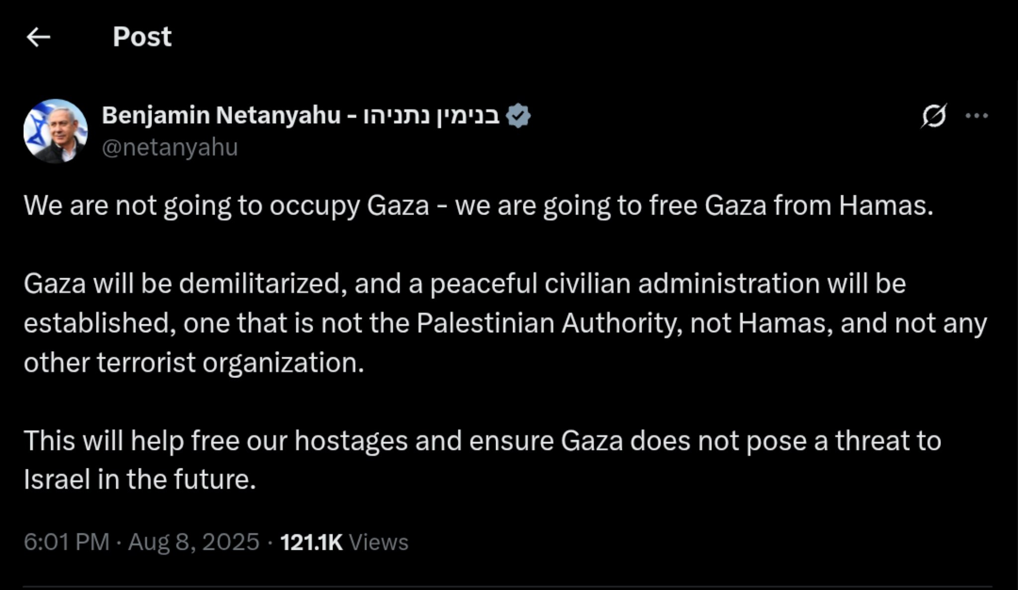 Netanyahu Vows to Free Gaza from Hamas, Promises Demilitarization and New Governance