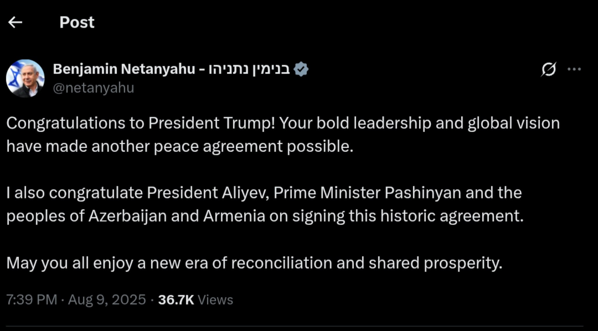 Netanyahu Celebrates Historic Peace Agreement Between Azerbaijan and Armenia, Thanks Trump