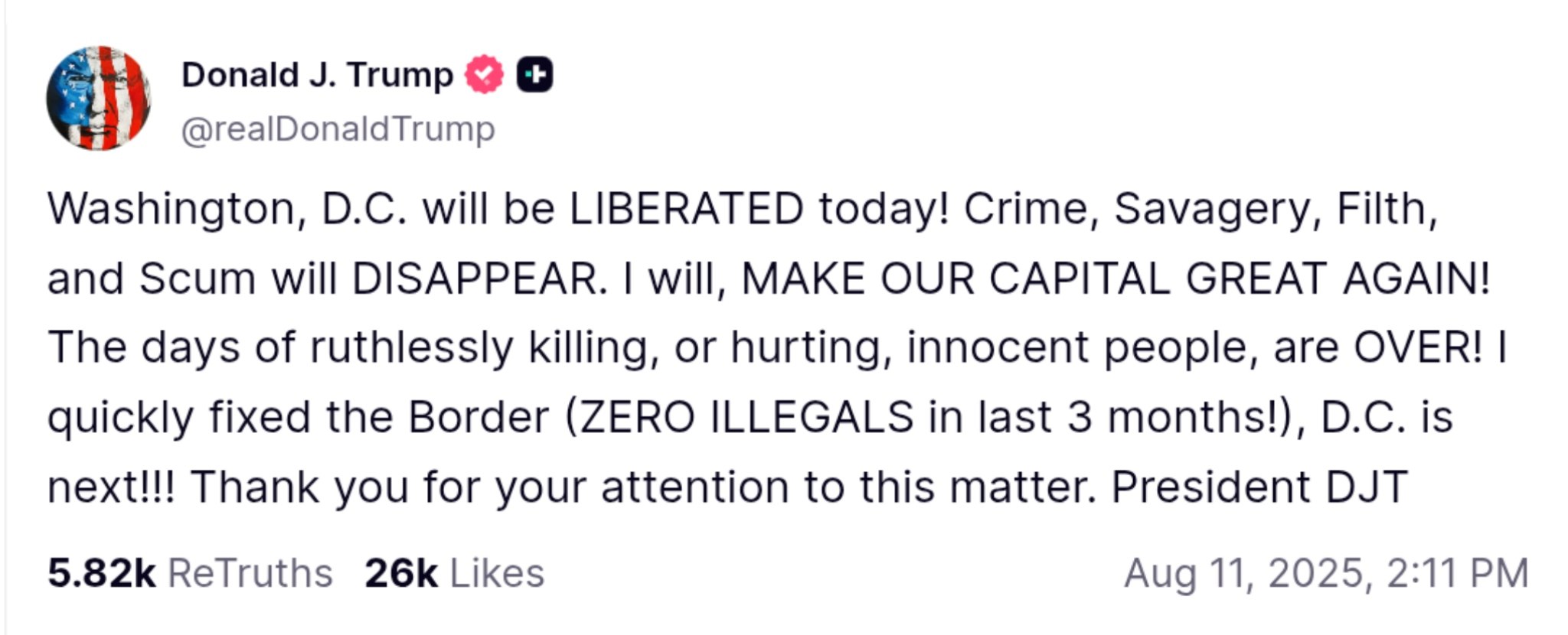 Trump Promises 'Liberation' of Washington, D.C. Today Amid Crime Crackdown
