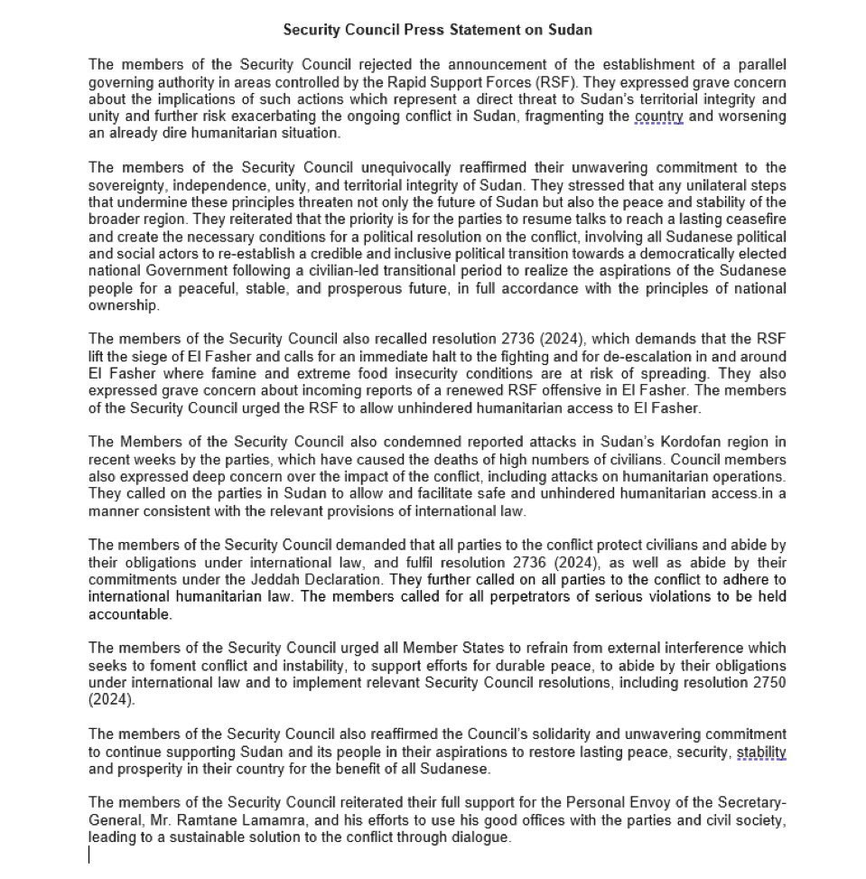 UN Security Council Rejects RSF’s Parallel Government in Sudan, Demands Immediate Siege Lift on El Fasher