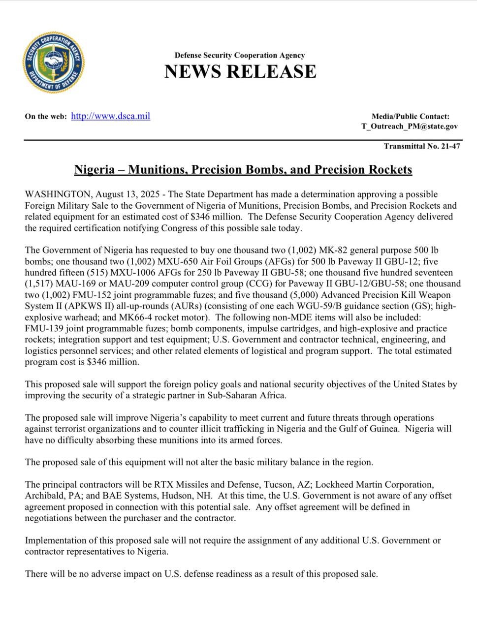 U.S. Approves $346M Arms Sale to Nigeria to Strengthen Counterterrorism Efforts