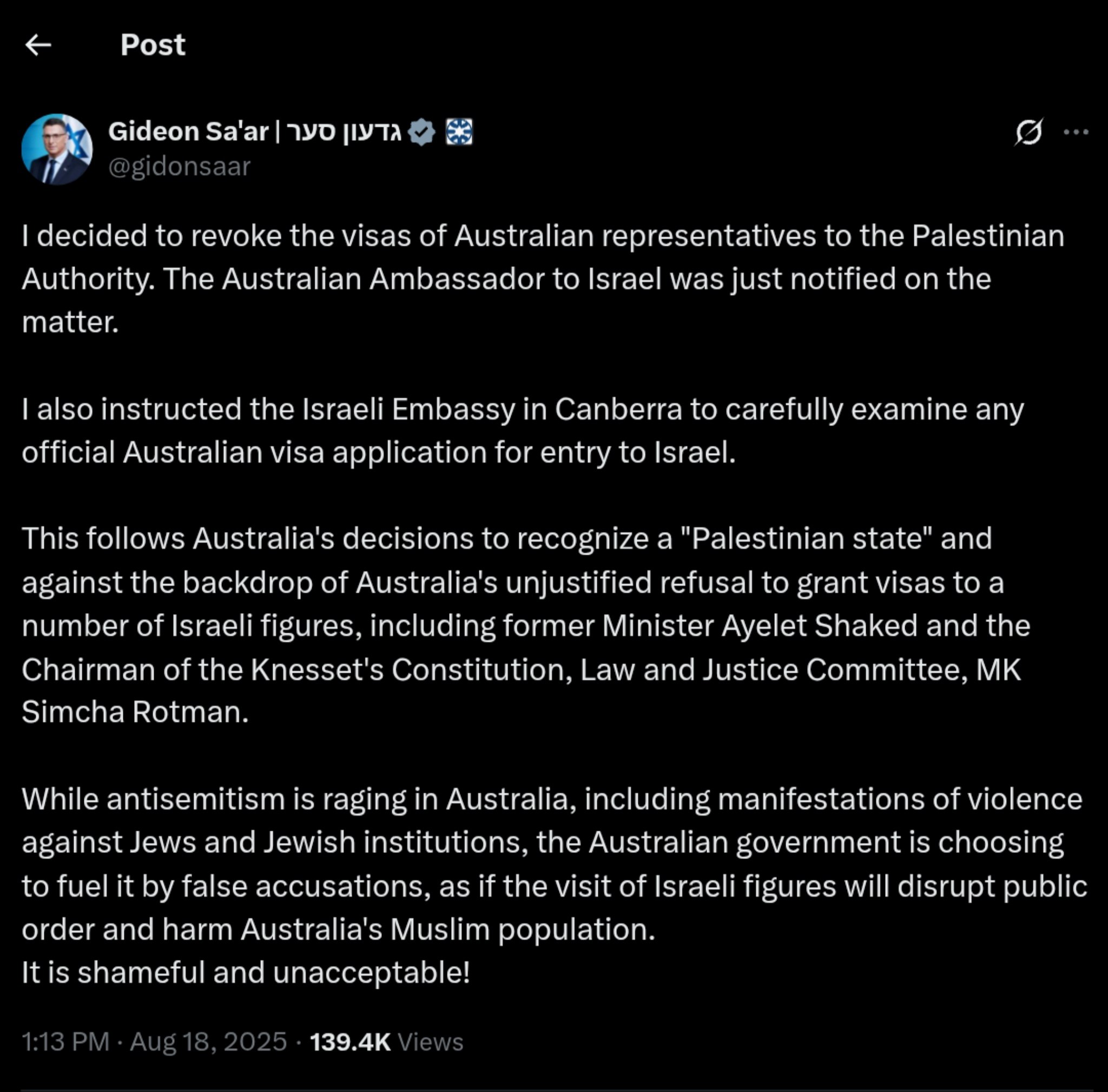 Israel Revokes Visas for Australian Diplomats, Escalating Tensions Over Palestinian Recognition