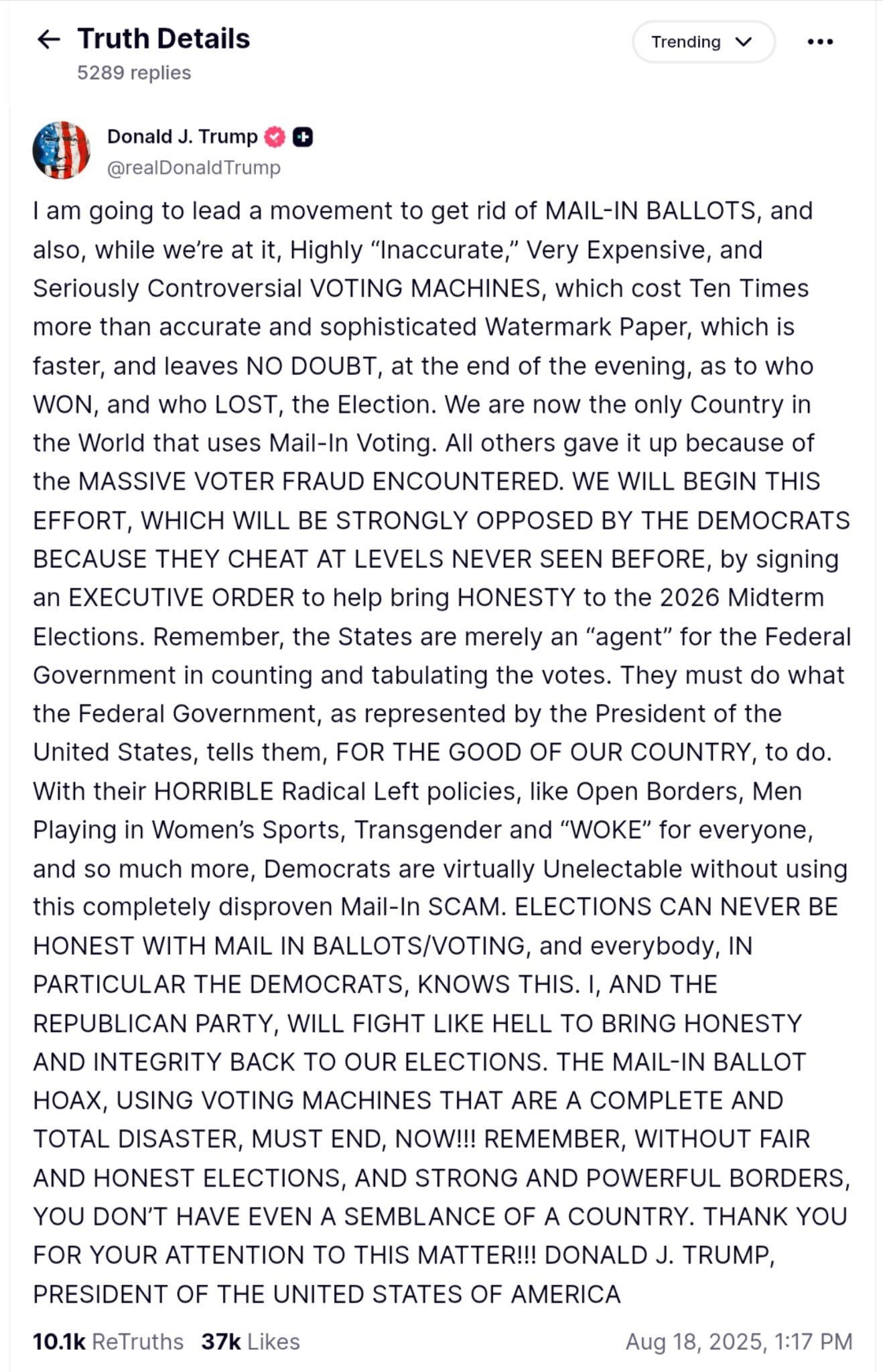 Trump Launches Movement to Ban Mail-In Voting, Advocates for Watermarked Ballots Ahead of 2026 Midterms