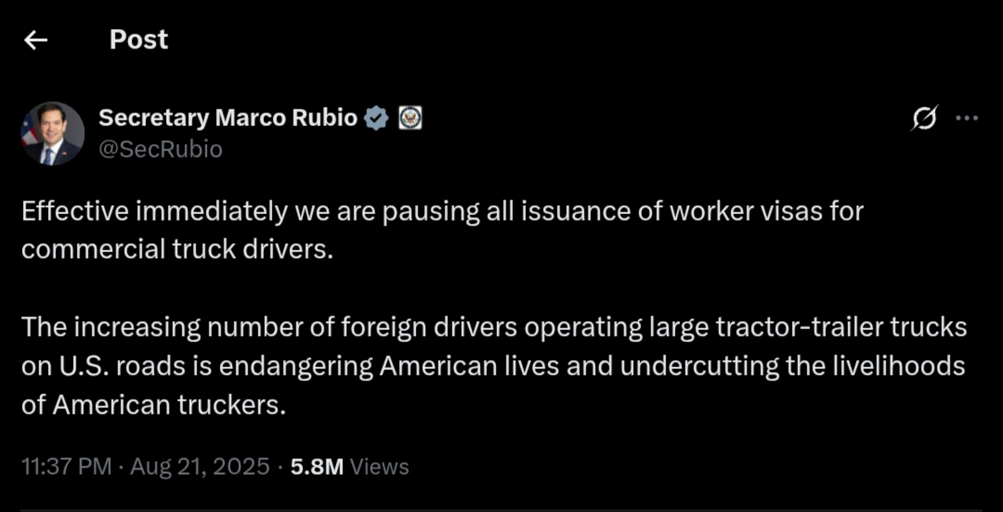 Breaking: Rubio Halts All Truck Driver Visas, Citing Urgent Risks