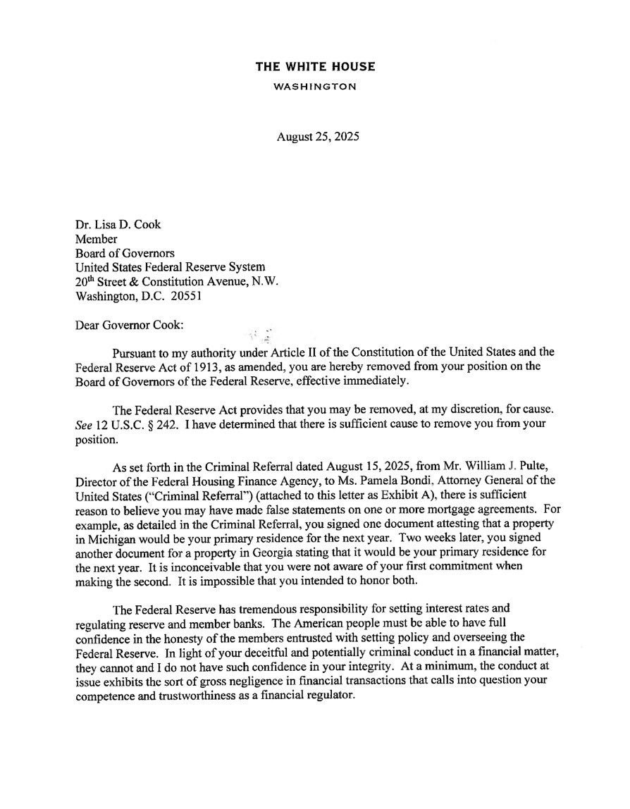 Trump Orders Federal Reserve Shake-Up, Ousting Governor Cook Amid Fraud Claims