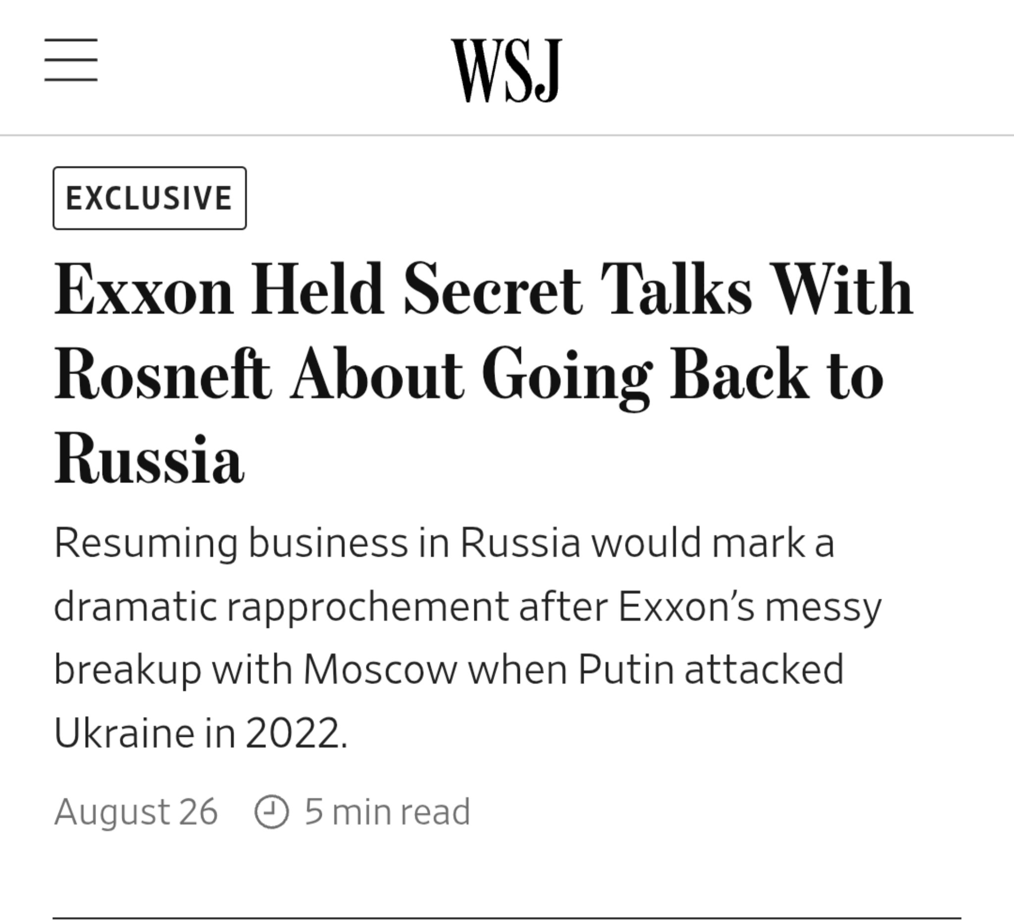 Exxon Mobil Engages in Secret Talks with Rosneft for Russia Return