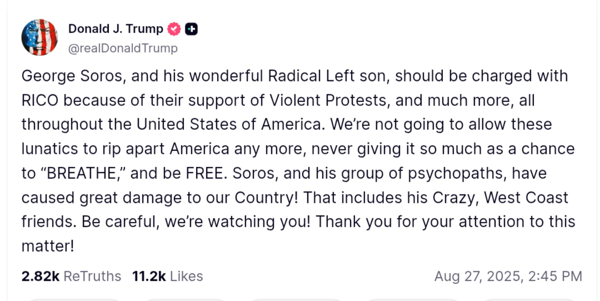 Trump Calls for RICO Charges Against Soros Over Protest Violence