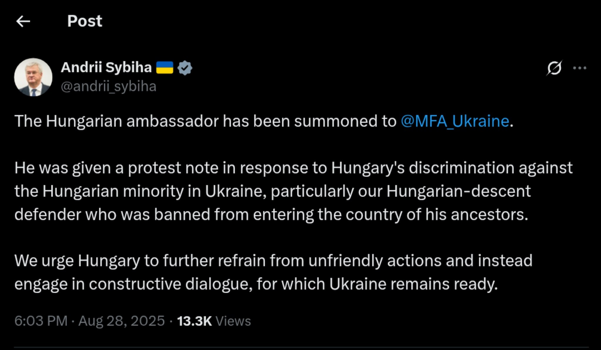 Ukraine Summons Hungarian Ambassador Over Minority Discrimination