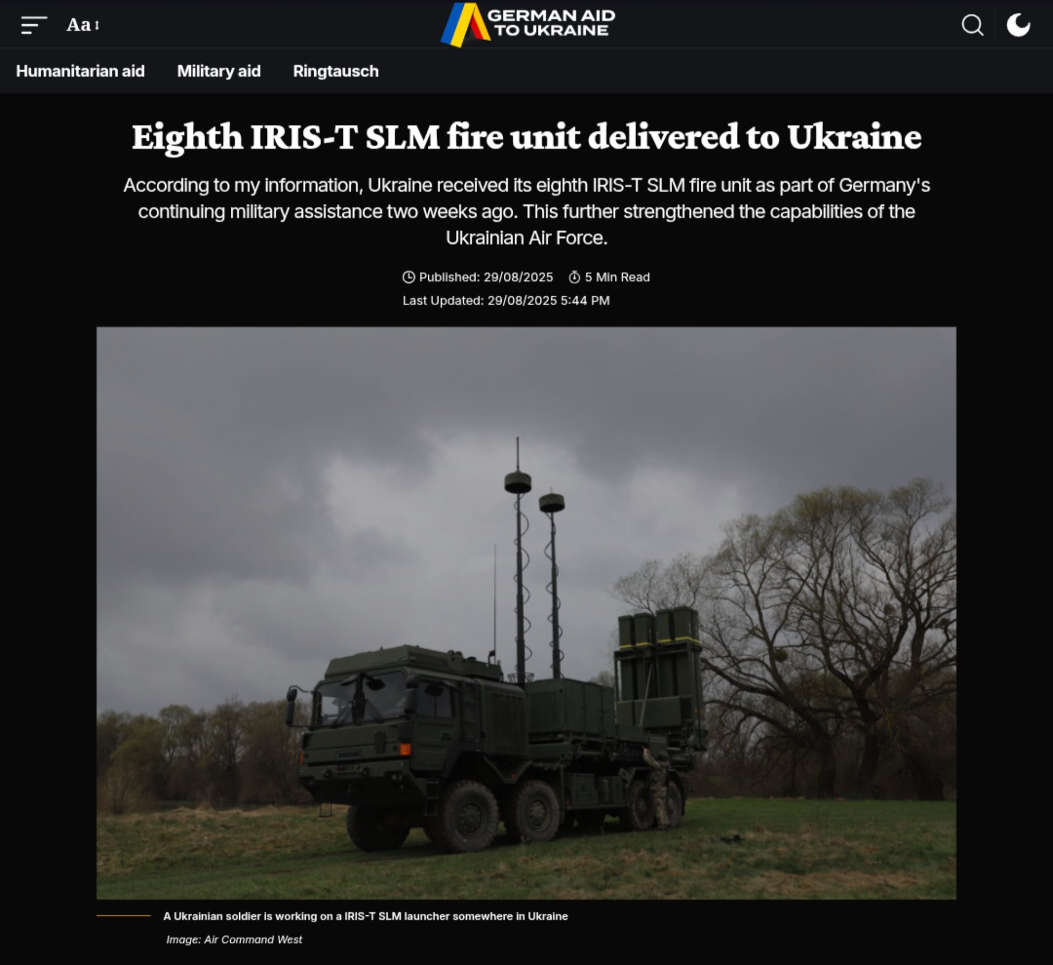 Germany Delivers Eighth IRIS-T SLM Battery, Boosting Ukraine’s Air Defense