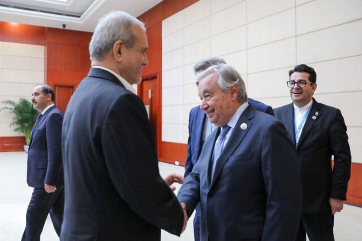 Iran's President Pezeshkian Engages UN Chief Guterres at SCO Summit