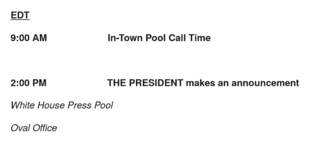 President Trump to Make Major Announcement at 2 PM EDT Today