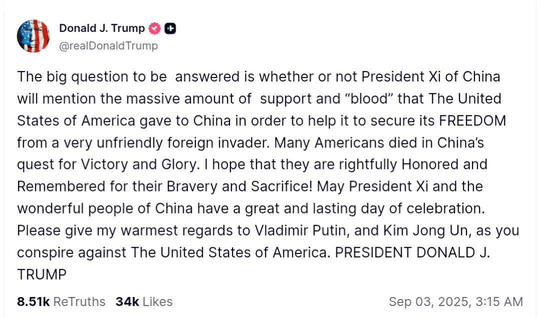 Trump Urges Xi to Honor American Sacrifice During China Celebrations