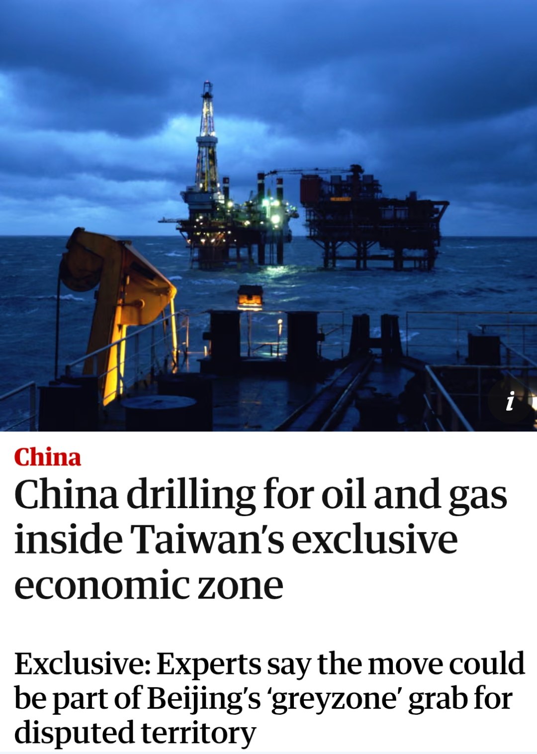 China Expands Oil Drilling Operations Inside Taiwan's EEZ