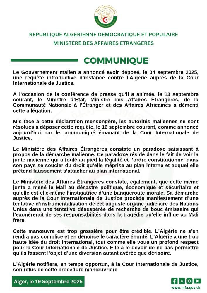 Algeria Rejects Mali's ICJ Drone Complaint as 'Malicious Maneuver'