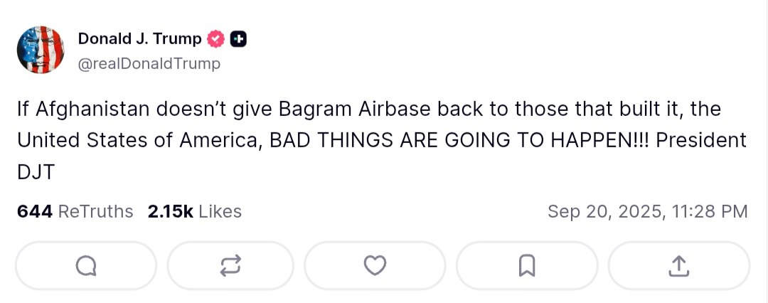 Trump warns of consequences if Afghanistan does not return Bagram Airbase